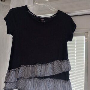 crown & ivy navy, white ruffled striped shirt